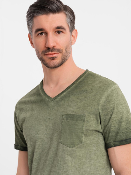 Ombre Clothing Herren Baumwoll-T-Shirt mit V-Ausschnitt und Used-Effekt - olivgrün