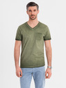 Ombre Clothing Herren Baumwoll-T-Shirt mit V-Ausschnitt und Used-Effekt - olivgrün