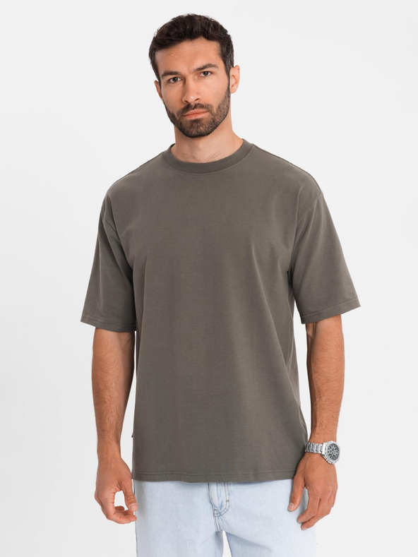 Ombre Clothing Herren Baumwoll-T-Shirt LOOSE FIT mit Rundhalsausschnitt - dunkel olivgrün
