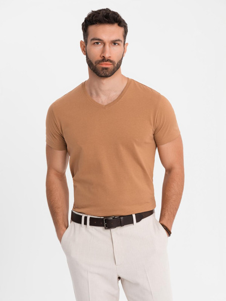Ombre Clothing Herren klassisches Baumwoll-T-Shirt BASIC mit V-Ausschnitt - braun