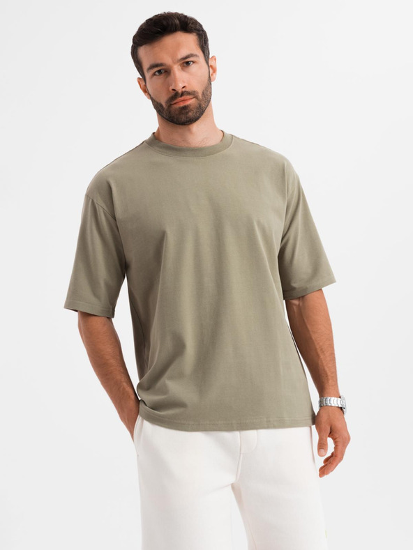 Ombre Clothing Herren Baumwoll-T-Shirt LOOSE FIT mit Rundhalsausschnitt - khaki
