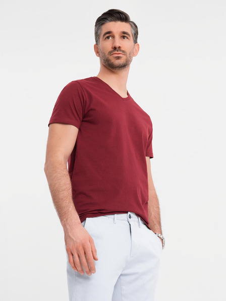 Ombre Clothing Klassisches Herren-Baumwoll-T-Shirt BASIC mit V-Ausschnitt - bordeaux