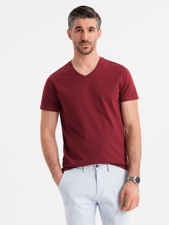 Ombre Clothing Klassisches Herren-Baumwoll-T-Shirt BASIC mit V-Ausschnitt - bordeaux