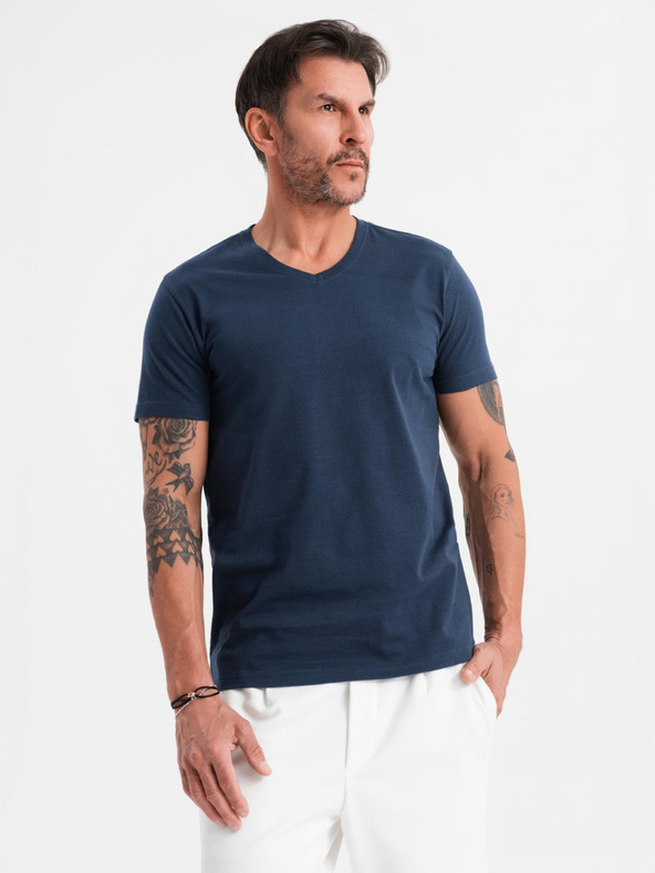 Ombre Clothing Herren klassisches Baumwoll-T-Shirt BASIC mit V-Ausschnitt - dunkelblau