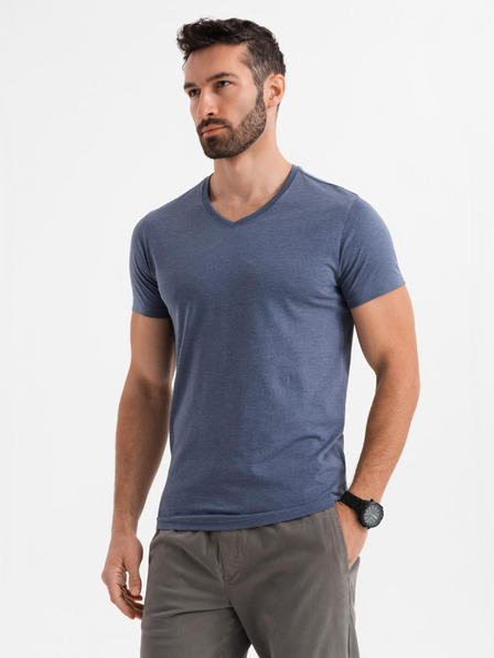 Ombre Clothing Herren klassisches Baumwoll-T-Shirt BASIC mit V-Ausschnitt - blau meliert