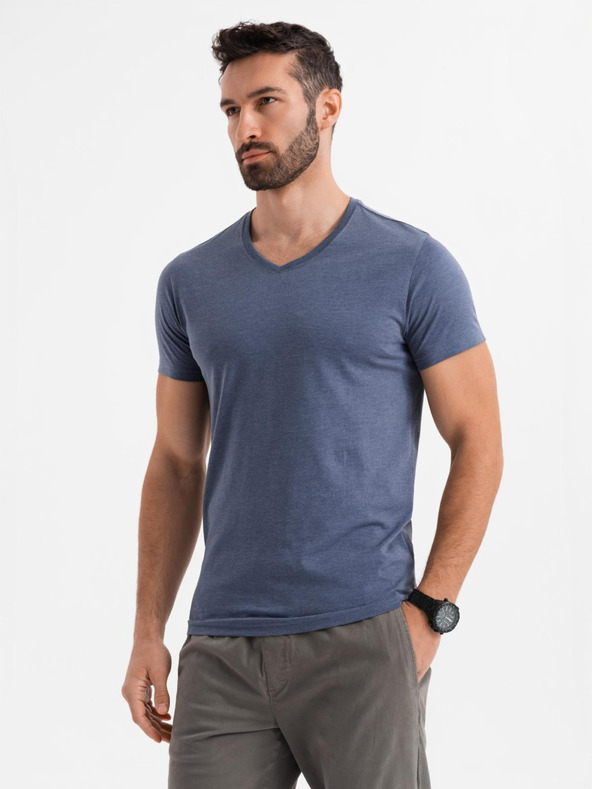 Ombre Clothing Herren klassisches Baumwoll-T-Shirt BASIC mit V-Ausschnitt - blau meliert