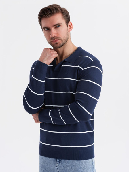 Ombre Clothing Herren-Poloshirt mit langen Ärmeln und horizontalen Streifen aus Viskose - dunkelblau und weiß