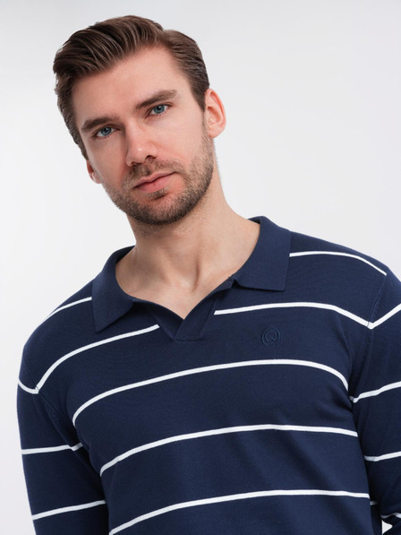 Ombre Clothing Herren-Poloshirt mit langen Ärmeln und horizontalen Streifen aus Viskose - dunkelblau und weiß