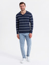 Ombre Clothing Herren-Poloshirt mit langen Ärmeln und horizontalen Streifen aus Viskose - dunkelblau und weiß