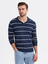 Ombre Clothing Herren-Poloshirt mit langen Ärmeln und horizontalen Streifen aus Viskose - dunkelblau und weiß