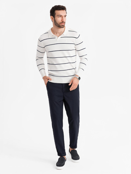 Ombre Clothing Herren-Poloshirt mit langen Ärmeln und horizontalen Streifen aus Viskose - weiß und dunkelblau