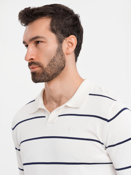 Ombre Clothing Herren-Poloshirt mit langen Ärmeln und horizontalen Streifen aus Viskose - weiß und dunkelblau