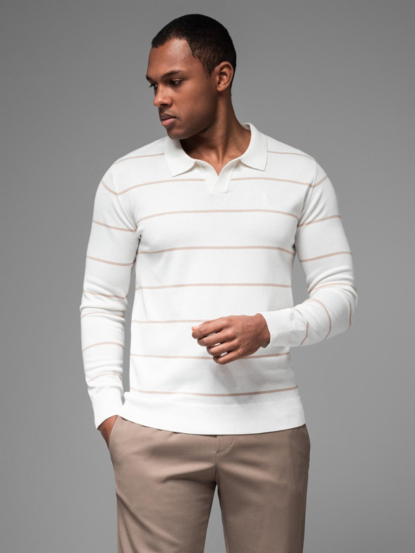 Ombre Clothing Herren-Poloshirt mit langen Ärmeln und horizontalen Streifen aus Viskose - weiß und beige