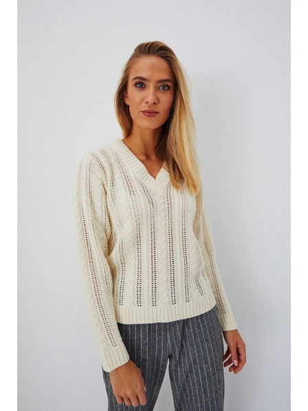 Moodo Cremefarbener Pullover mit Zopfmuster
