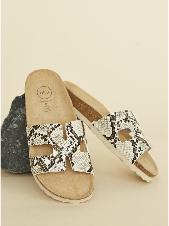 Ojju Beige Damen-Pantoffeln mit Schlangenmuster OJJU