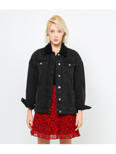 CAMAIEU Schwarze Jeansjacke mit Fellkragen CAMAIEU