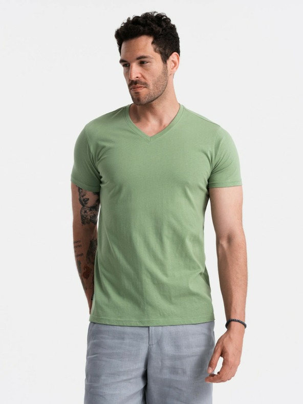 Ombre Clothing Klassisches Herren-T-Shirt BASIC mit V-Ausschnitt aus Baumwolle - grün V11 OM-TSBS-0145 Ombre Clothing