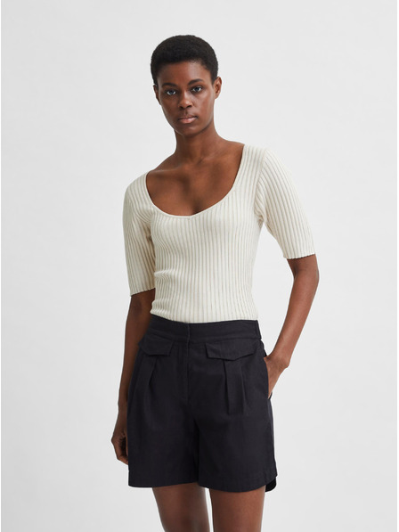 Selected Femme Cremefarbenes geripptes T-Shirt Selected Femme Mace