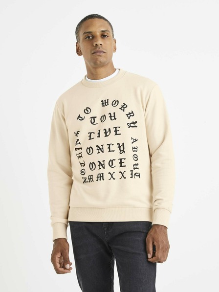 Celio Beigefarbener bedruckter Herren-Kapuzenpullover Celio