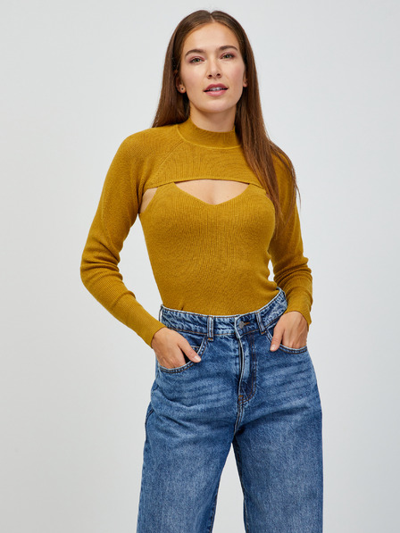Jacqueline de Yong Senfgelber gerippter Pullover/Oberteil 2in1 JDY Sibba