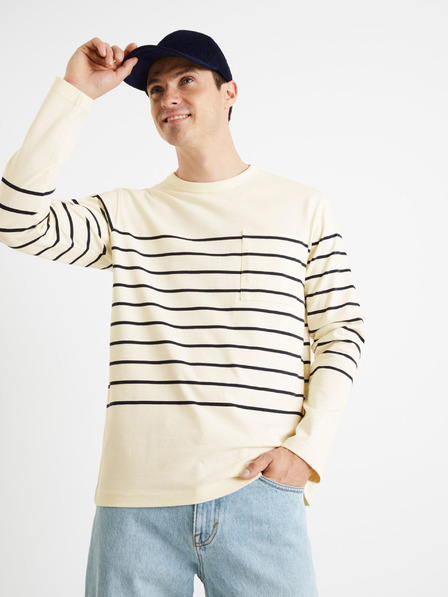 Celio Cremefarbenes gestreiftes Herren-T-Shirt Celio Veboxmlr