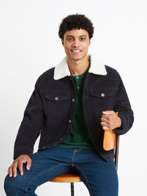Celio Dunkelblaue Herren-Cordjacke mit Fell Celio Cunewjoe