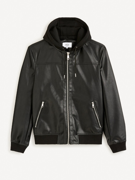 Celio Schwarze Herren Lederjacke mit Kapuze Celio Fumati