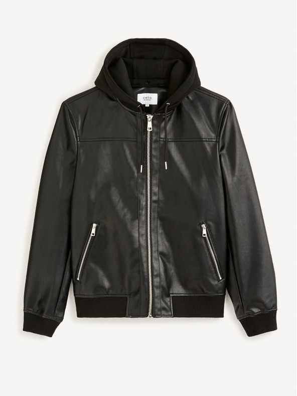 Celio Schwarze Herren Lederjacke mit Kapuze Celio Fumati