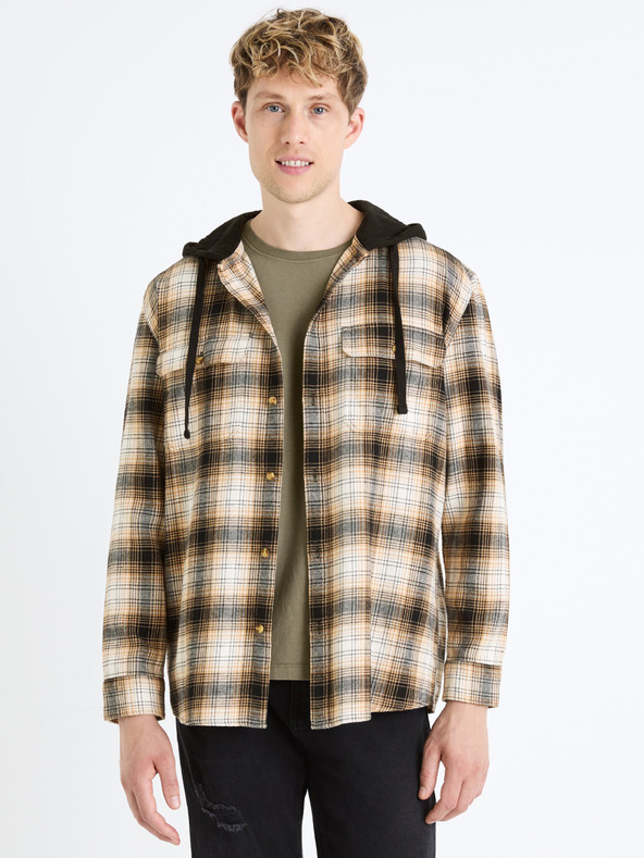 Celio Braunes Herren-Karohemd mit Kapuze Celio Fapuche
