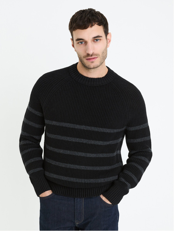 Celio Schwarzer gestreifter Herren-Pullover Celio Fepimpol