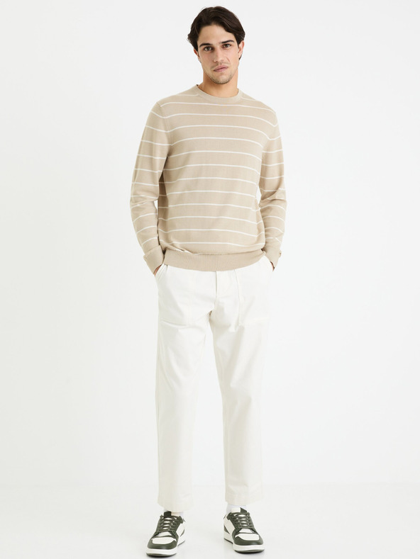 Celio Beige gestreifter Herren-Basic-Pullover Celio Decoton