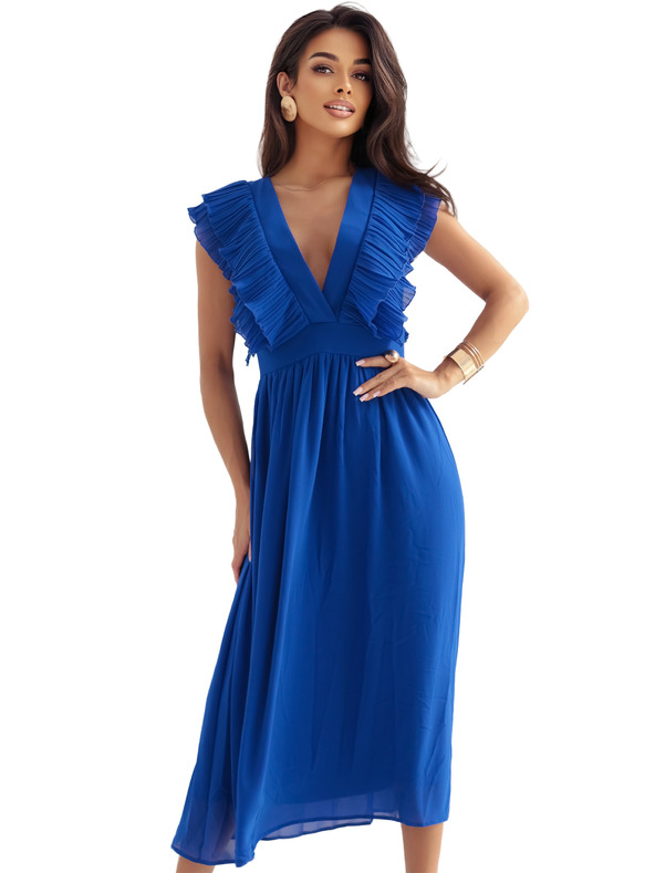 numoco Midikleid YANA mit plissierten Volants und Ausschnitt - kornblumenblau