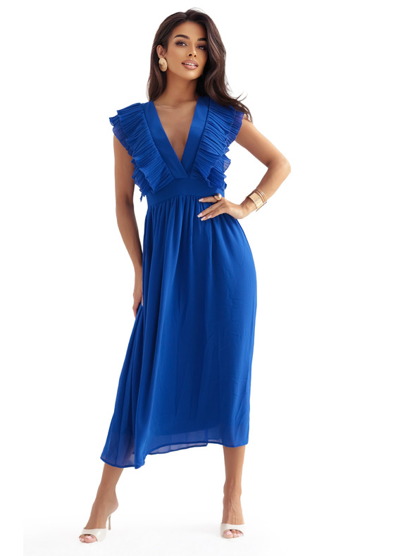 numoco Midikleid YANA mit plissierten Volants und Ausschnitt - kornblumenblau