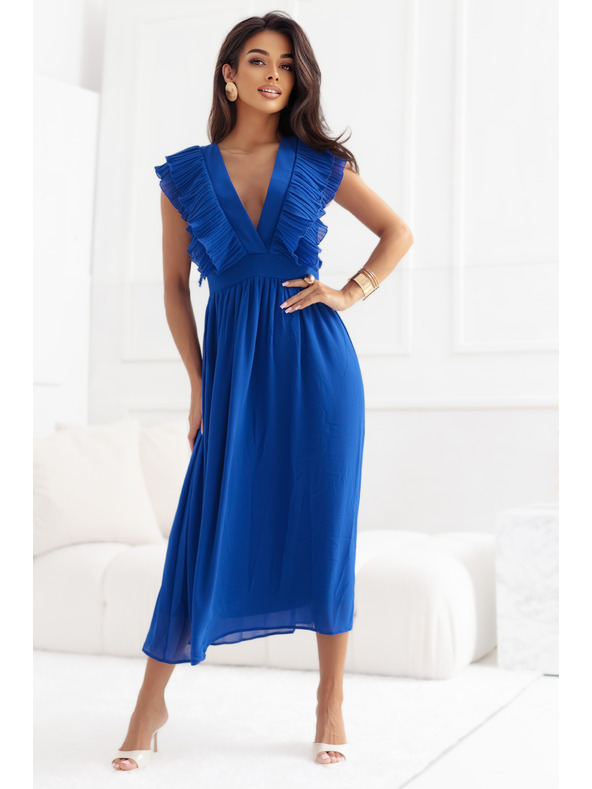 numoco Midikleid YANA mit plissierten Volants und Ausschnitt - kornblumenblau