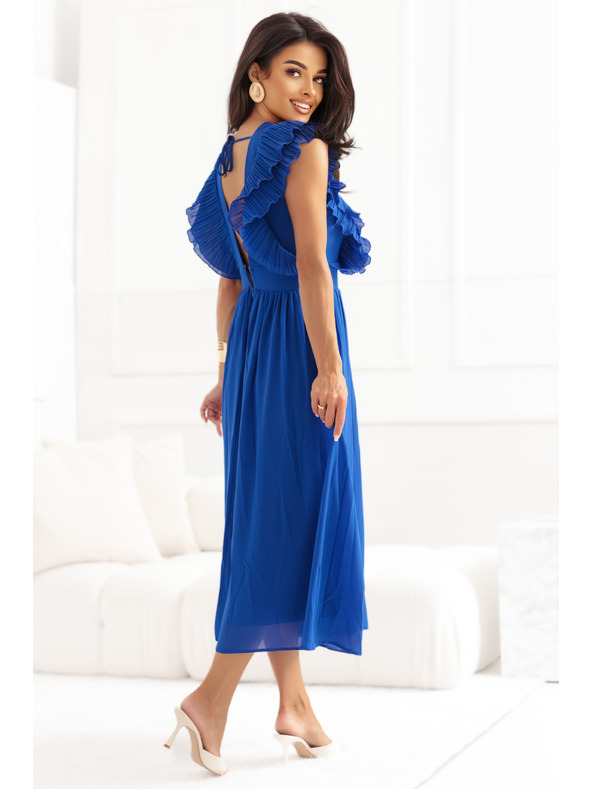 numoco Midikleid YANA mit plissierten Volants und Ausschnitt - kornblumenblau