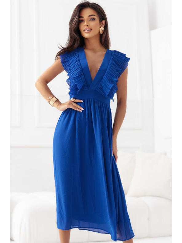 numoco Midikleid YANA mit plissierten Volants und Ausschnitt - kornblumenblau