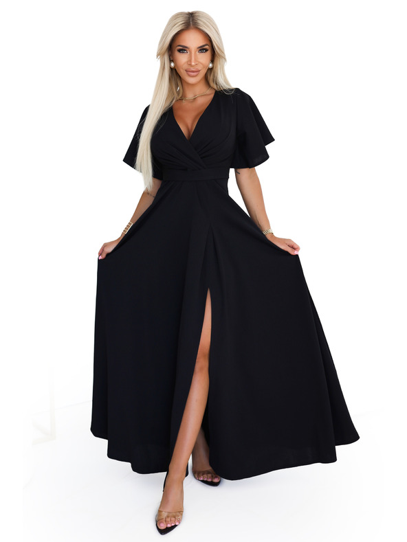 numoco Langes Kleid JENNIFER mit Schlitz - schwarz