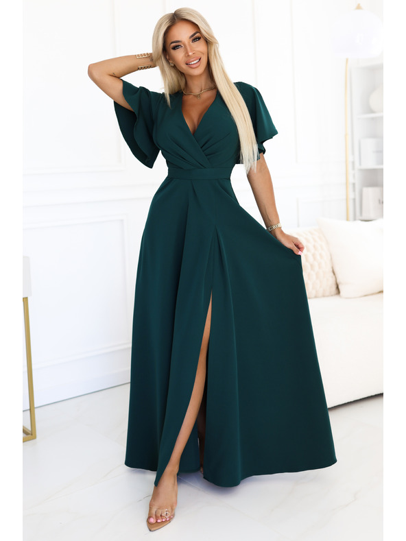 numoco Langes Kleid JENNIFER mit Schlitz - flaschengrün