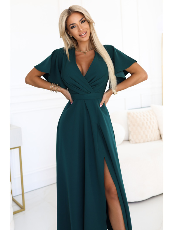 numoco Langes Kleid JENNIFER mit Schlitz - flaschengrün