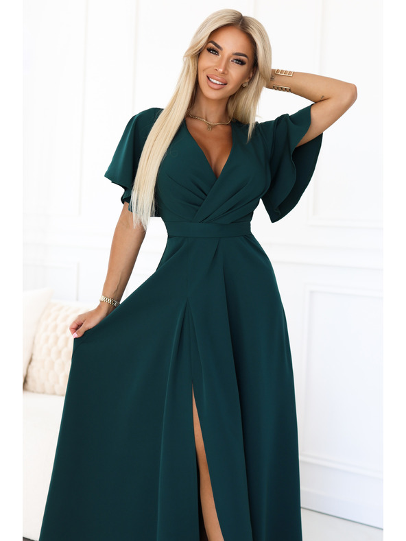 numoco Langes Kleid JENNIFER mit Schlitz - flaschengrün