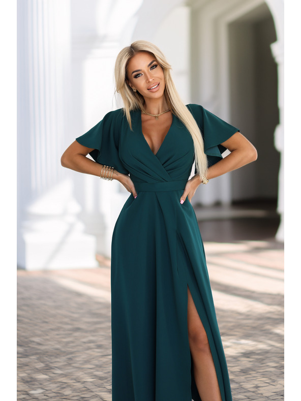 numoco Langes Kleid JENNIFER mit Schlitz - flaschengrün