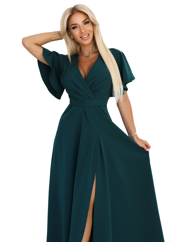 numoco Langes Kleid JENNIFER mit Schlitz - flaschengrün