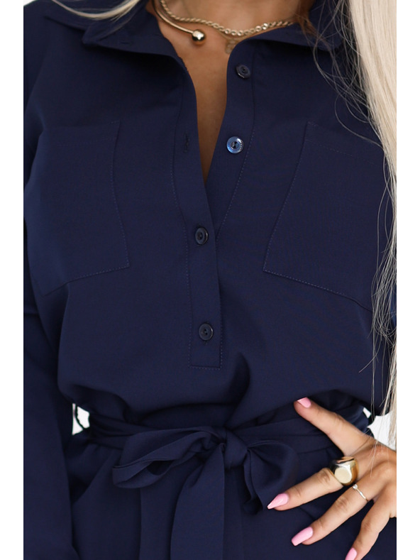 numoco Hemdblusenkleid CAMILLE mit Taschen und Bindung - dunkelblau