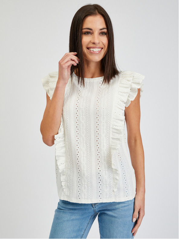Orsay Weißes Damen-T-Shirt mit Rüschen ORSAY