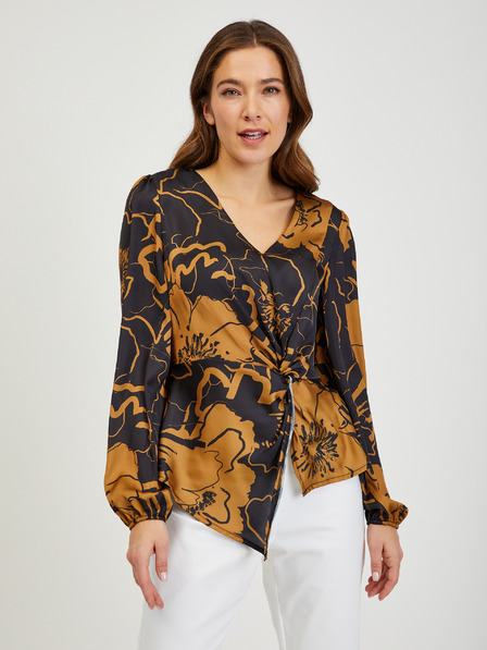 Orsay Braun-schwarze Damen-Satinbluse mit Blumenmuster ORSAY