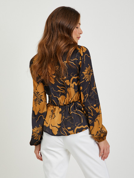 Orsay Braun-schwarze Damen-Satinbluse mit Blumenmuster ORSAY
