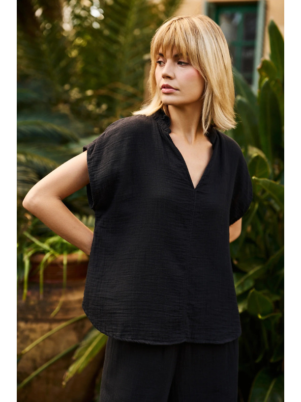 Moodo Schwarze lockere Baumwoll-Bluse