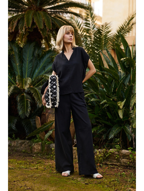 Moodo Schwarze lockere Baumwoll-Bluse