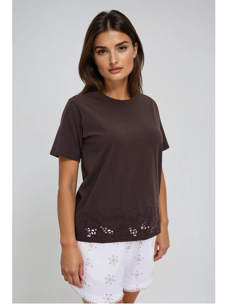 Moodo Braunes Damen-Top mit Madeira-Saum