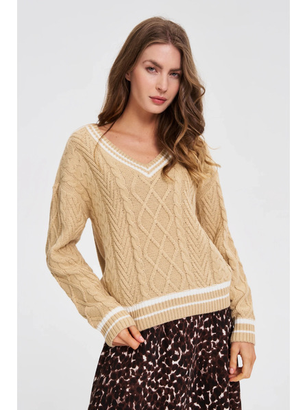 Moodo Beiger Damen Pullover mit V-Ausschnitt Moodo